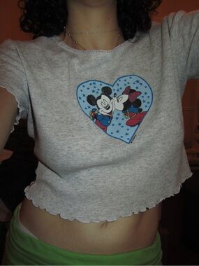 Disney Grey Cropped Tee with Blue Heart Mickey & Minnie